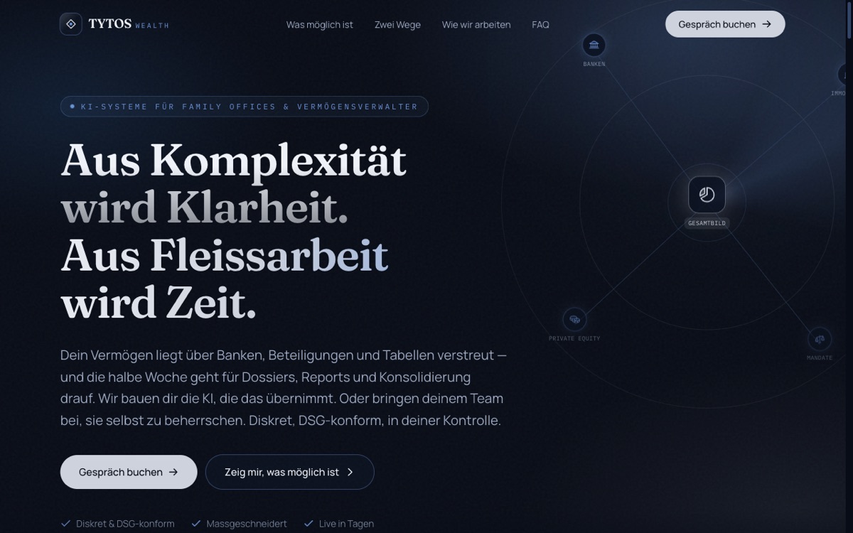 Von uns mit KI gebaute Website: wealthmanagers.tytos.ch